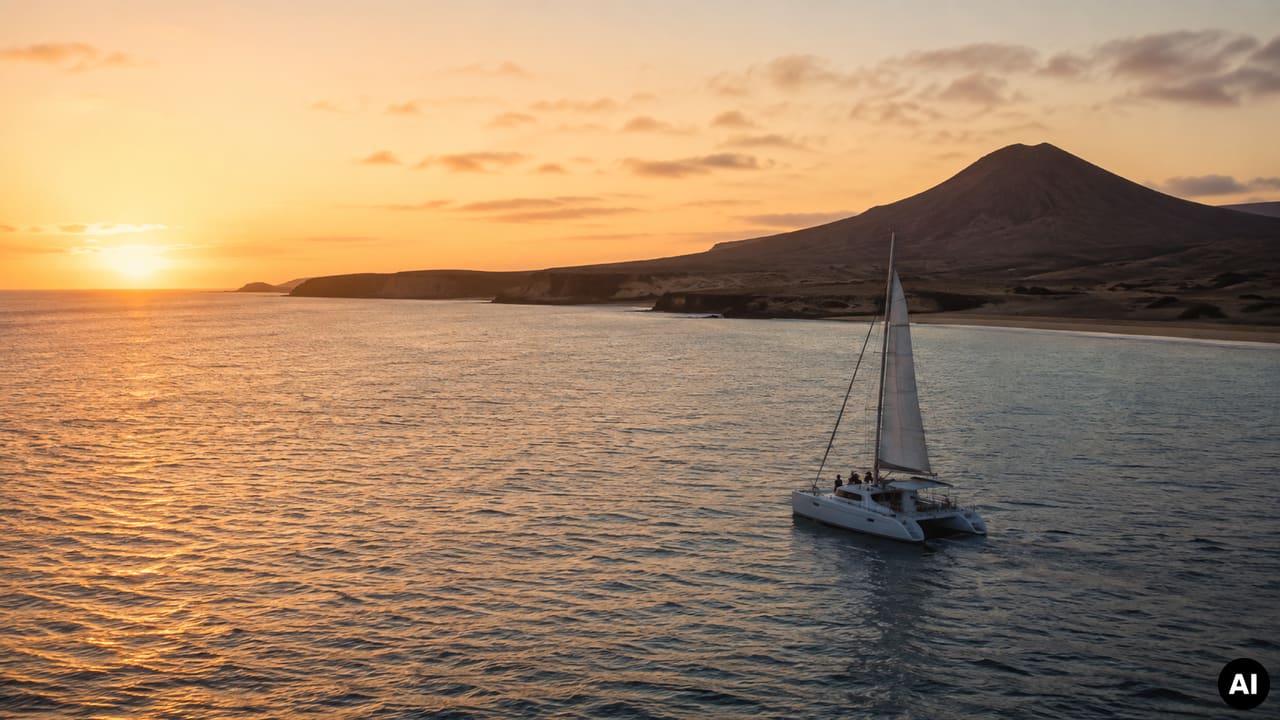 Catamarã genérico ao pôr do sol junto à costa vulcânica da Ilha do Sal