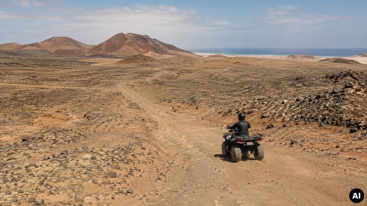 Quad com condutor de capacete num trilho do interior árido da Ilha do Sal