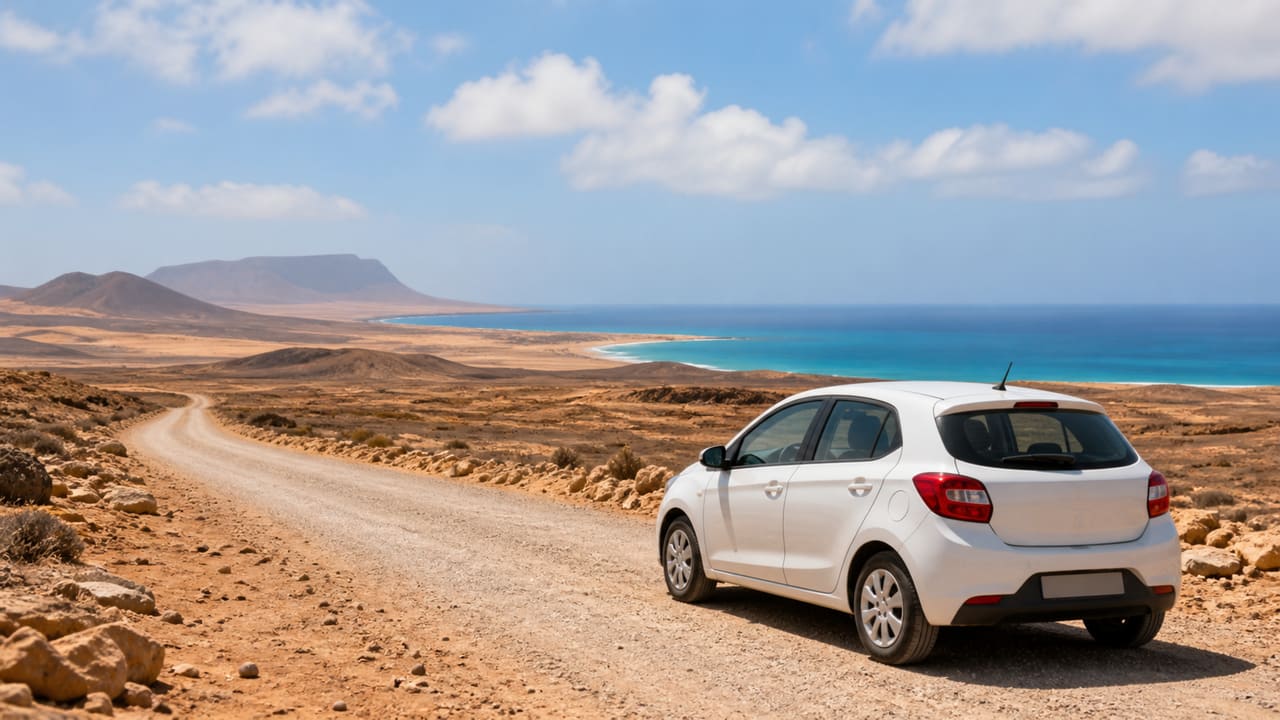 Carro de aluguer numa estrada da Ilha do Sal