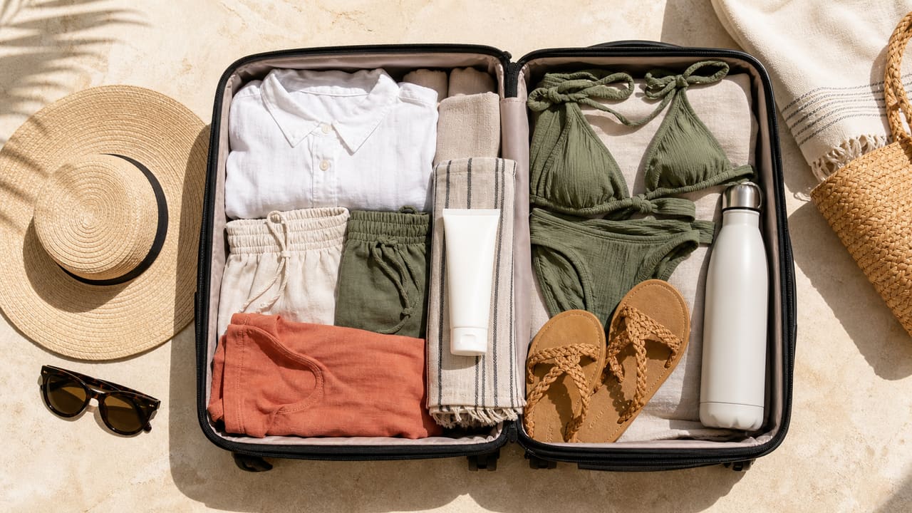 Mala organizada para a Ilha do Sal com roupa leve e acessórios