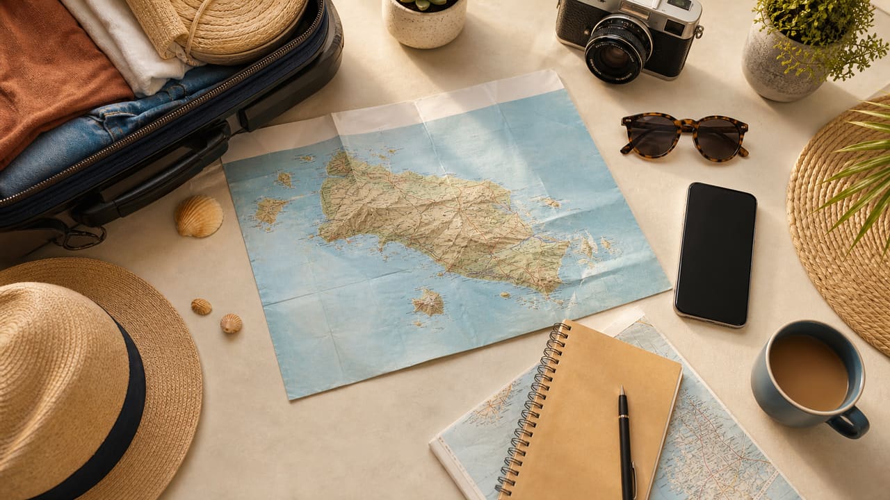 Planeamento de viagem para Cabo Verde com mala e mapa